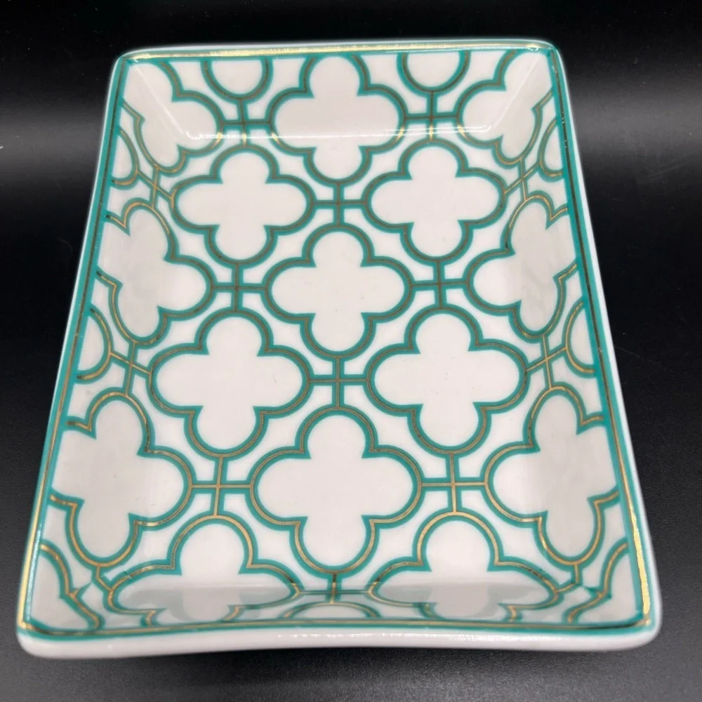 I. Godinger & Co. Trinket Jewelry Dish Tray Rectangle White W/ Teal & Gold